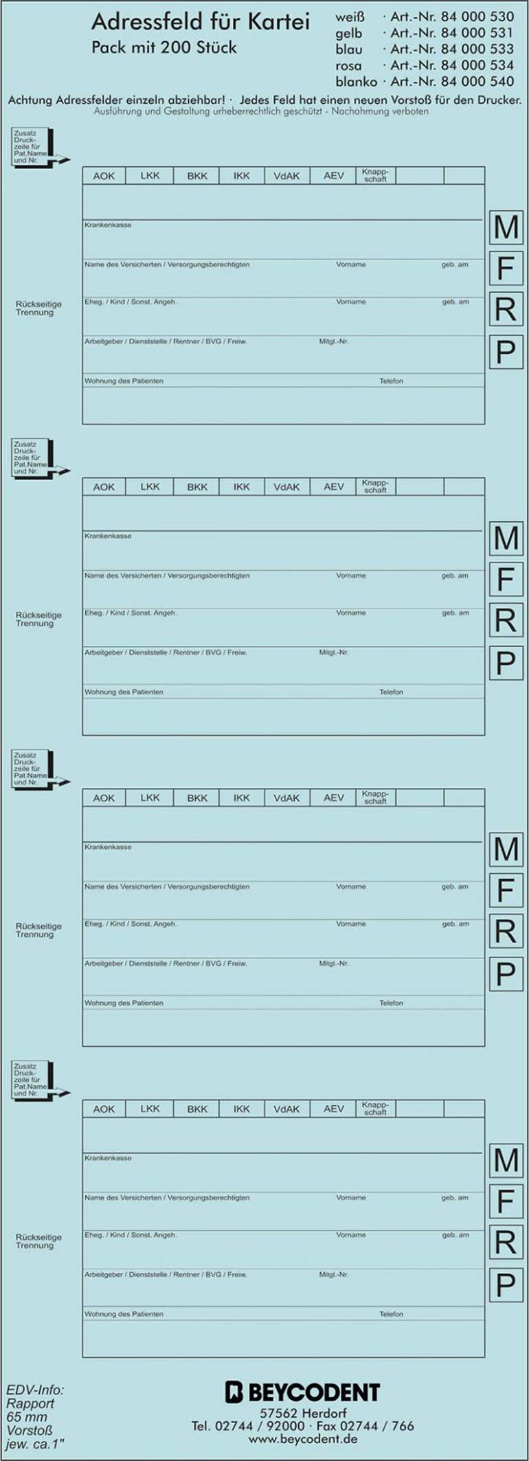 Adressfelder standard blau 200St